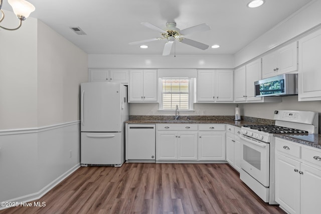 108 Bayswater Ct, New Bern, NC 28562 - kitchen with white appliances, white cabinetry, a ceiling fan, recessed lighting, and dark wood-type flooring