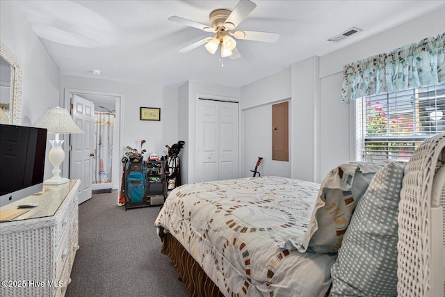 104 NE 27th St, Oak Island, NC 28465 - bedroom with carpet flooring, electric panel, a closet, and a ceiling fan