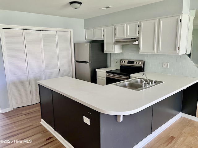 2940 Mulberry Ln Unit B, Greenville, NC 27858 - kitchen featuring appliances with stainless steel finishes, under cabinet range hood, light wood-type flooring, backsplash, and a peninsula