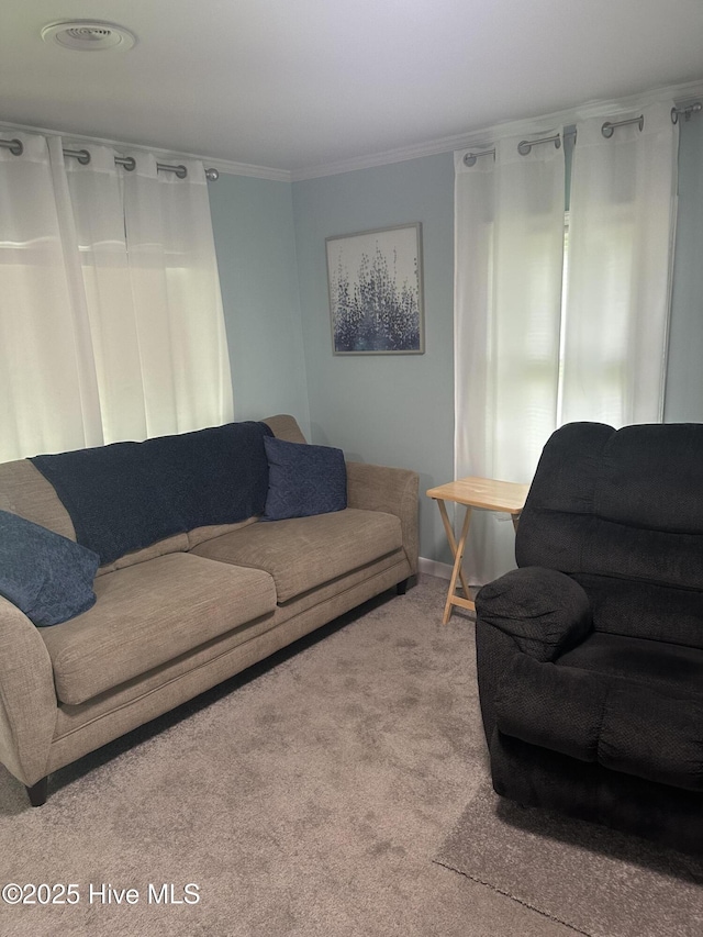 410 Brown Dr, New Bern, NC 28560 - carpeted living room with ornamental molding and baseboards