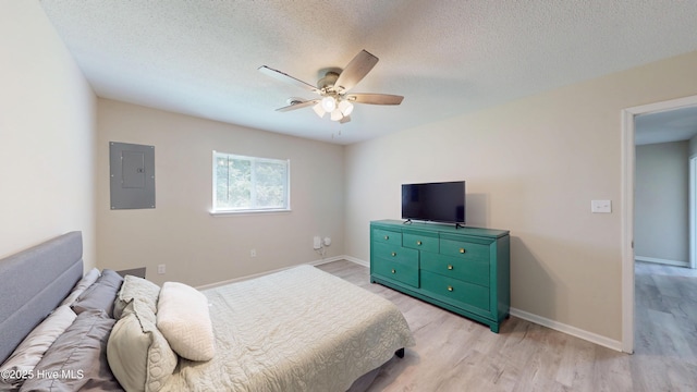 973 Ramsey Rd, Jacksonville, NC 28546 - bedroom with electric panel, light wood finished floors, a textured ceiling, and ceiling fan