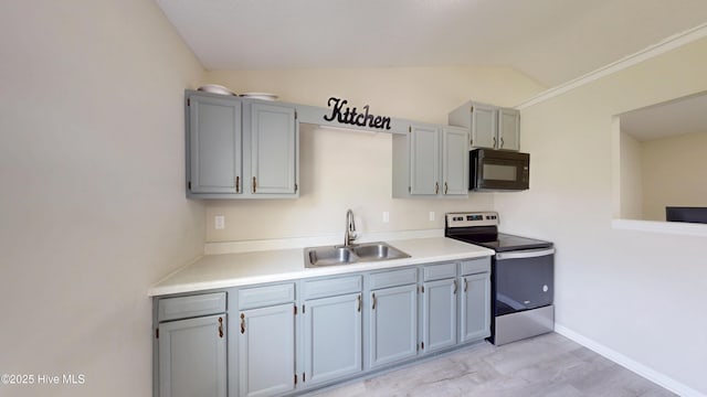 973 Ramsey Rd, Jacksonville, NC 28546 - kitchen with electric stove, black microwave, light wood-style flooring, light countertops, and vaulted ceiling