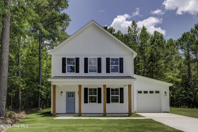 1536 Dorsey Ln, Navassa, NC 28451 - modern farmhouse style home featuring a porch, an attached garage, concrete driveway, and a front yard