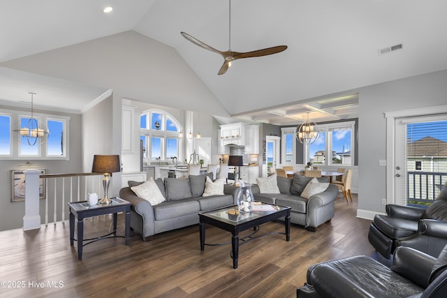 611 New River Inlet Rd, North Topsail Beach, NC 28460 - living area with a chandelier, a ceiling fan, high vaulted ceiling, dark wood-style floors, and recessed lighting