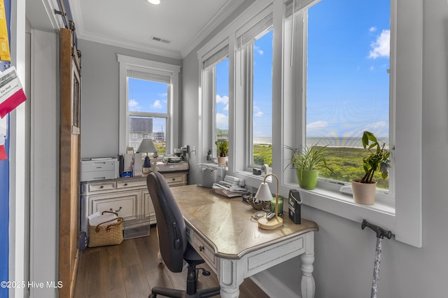 611 New River Inlet Rd, North Topsail Beach, NC 28460 - office space with ornamental molding, dark wood-style flooring, and recessed lighting