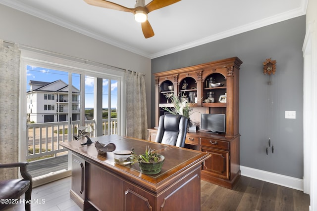611 New River Inlet Rd, North Topsail Beach, NC 28460 - home office featuring dark wood-style flooring, ceiling fan, and crown molding
