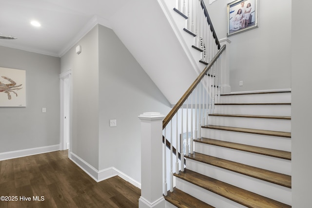 611 New River Inlet Rd, North Topsail Beach, NC 28460 - stairs with wood finished floors, recessed lighting, and ornamental molding