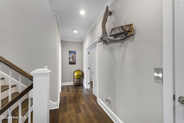 611 New River Inlet Rd, North Topsail Beach, NC 28460 - hallway featuring ornamental molding, wood finished floors, recessed lighting, and stairs
