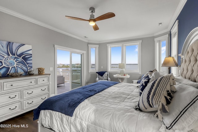 611 New River Inlet Rd, North Topsail Beach, NC 28460 - bedroom with access to outside, dark wood-type flooring, crown molding, and a ceiling fan