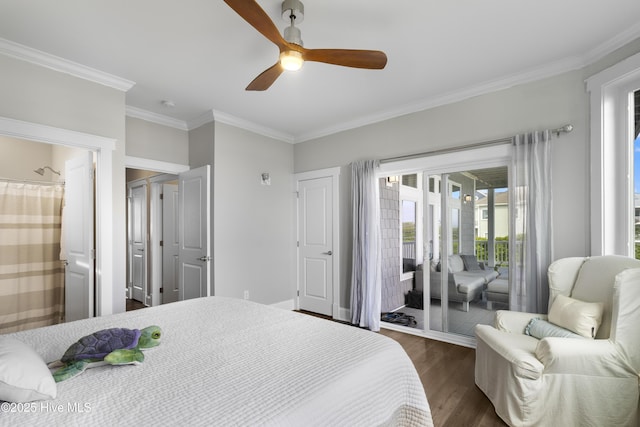 611 New River Inlet Rd, North Topsail Beach, NC 28460 - bedroom with access to exterior, dark wood finished floors, crown molding, a ceiling fan, and ensuite bath