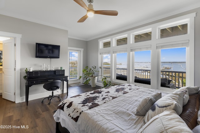 611 New River Inlet Rd, North Topsail Beach, NC 28460 - bedroom with access to outside, ornamental molding, dark wood finished floors, and a ceiling fan