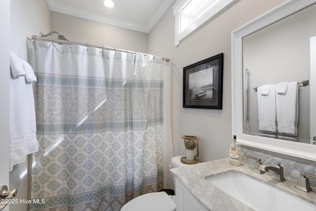 611 New River Inlet Rd, North Topsail Beach, NC 28460 - bathroom with vanity, crown molding, decorative backsplash, and curtained shower