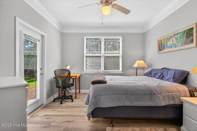 280 Woodlands Way Unit 5, Calabash, NC 28467 - bedroom featuring ornamental molding, light wood-style flooring, access to outside, and a ceiling fan