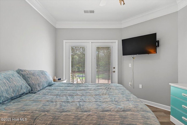 280 Woodlands Way Unit 5, Calabash, NC 28467 - bedroom featuring access to exterior, ornamental molding, dark wood-style flooring, and ceiling fan