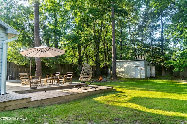 6017 Covenant Ln, Wilmington, NC 28403 - fenced backyard with a storage unit, a deck, and outdoor dining space