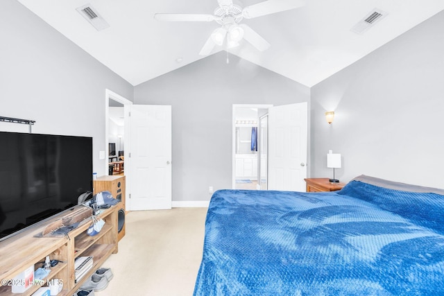 529 Maple Branches Dr, Leland, NC 28451 - carpeted bedroom featuring vaulted ceiling, a ceiling fan, and ensuite bath