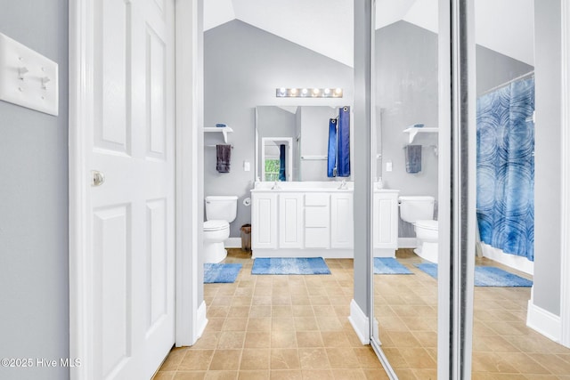 529 Maple Branches Dr, Leland, NC 28451 - full bath with vanity, tile patterned flooring, vaulted ceiling, and a shower with shower curtain