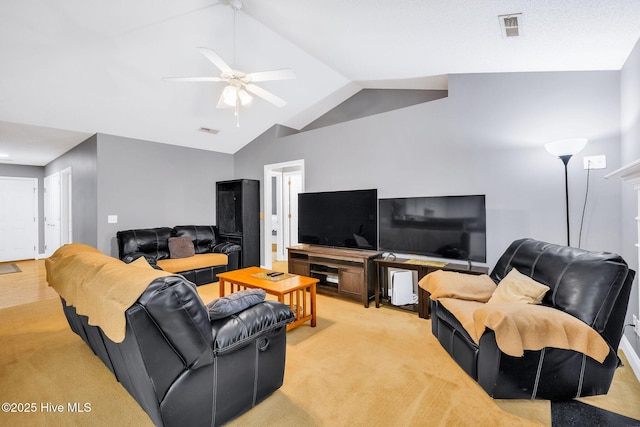 529 Maple Branches Dr, Leland, NC 28451 - living room featuring light colored carpet, lofted ceiling, and ceiling fan