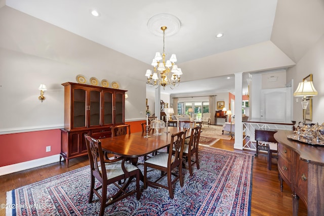 2000 Marsh Harbor Pl, Wilmington, NC 28405 - dining room with dark wood-style floors, a chandelier, recessed lighting, and decorative columns
