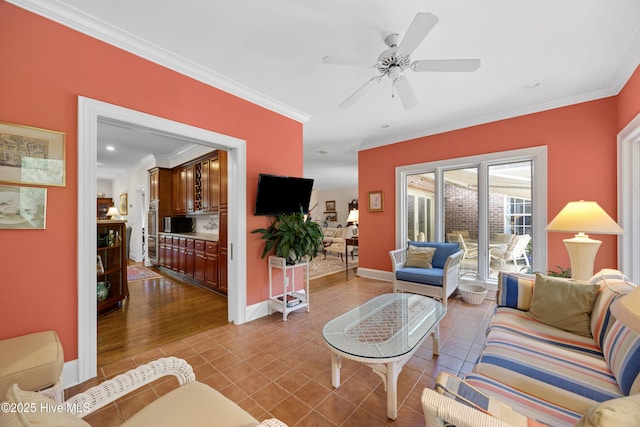 2000 Marsh Harbor Pl, Wilmington, NC 28405 - living room featuring ornamental molding, dark tile patterned flooring, and ceiling fan