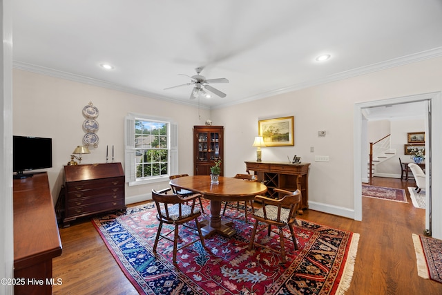 2000 Marsh Harbor Pl, Wilmington, NC 28405 - dining area with ceiling fan, stairway, wood finished floors, crown molding, and recessed lighting