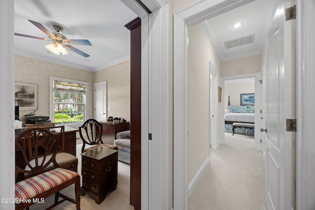 2000 Marsh Harbor Pl, Wilmington, NC 28405 - home office with light carpet, crown molding, and a ceiling fan