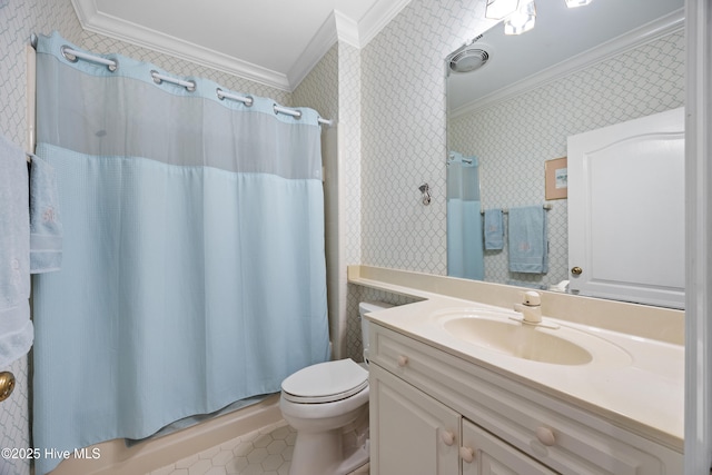 2000 Marsh Harbor Pl, Wilmington, NC 28405 - full bathroom with ornamental molding, vanity, wallpapered walls, tile patterned flooring, and shower / bath combo with shower curtain