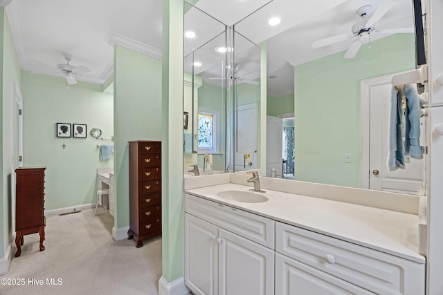 2000 Marsh Harbor Pl, Wilmington, NC 28405 - full bathroom featuring a ceiling fan, crown molding, vanity, and recessed lighting