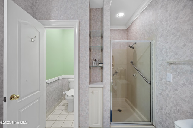 2000 Marsh Harbor Pl, Wilmington, NC 28405 - bathroom with wallpapered walls, a shower stall, ornamental molding, tile patterned floors, and a wainscoted wall