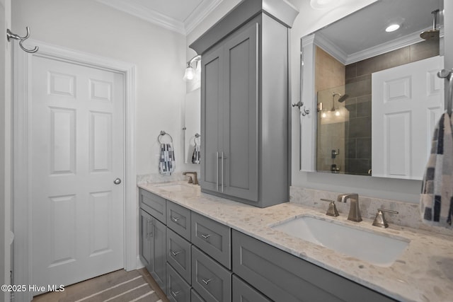 130 Raleigh St, Holden Beach, NC 28462 - bathroom with double vanity, crown molding, and tiled shower