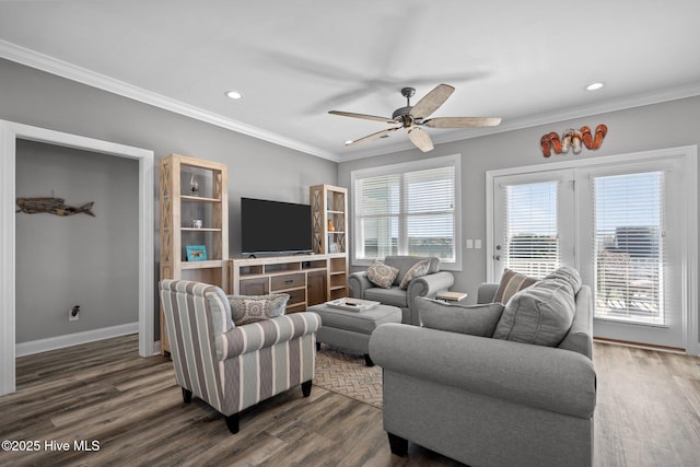 130 Raleigh St, Holden Beach, NC 28462 - living room featuring ornamental molding, dark wood-style floors, ceiling fan, and recessed lighting