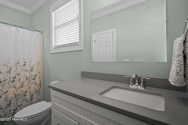 130 Raleigh St, Holden Beach, NC 28462 - bathroom with vanity, ornamental molding, and curtained shower