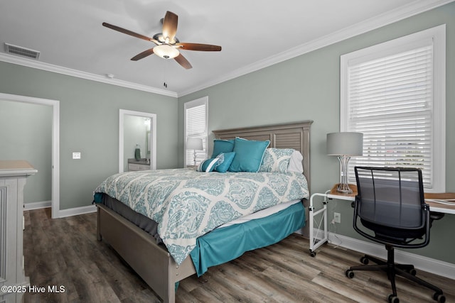 130 Raleigh St, Holden Beach, NC 28462 - bedroom featuring wood finished floors, crown molding, a desk, ceiling fan, and ensuite bath