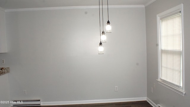 121 Walter Dr, Battleboro, NC 27809 - unfurnished dining area featuring crown molding and dark wood-style flooring