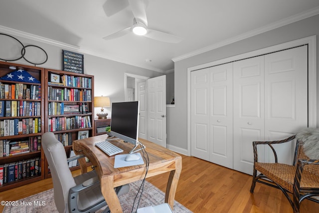 118 Tremayne Dr, New Bern, NC 28560 - office space with crown molding, light wood-style flooring, and a ceiling fan