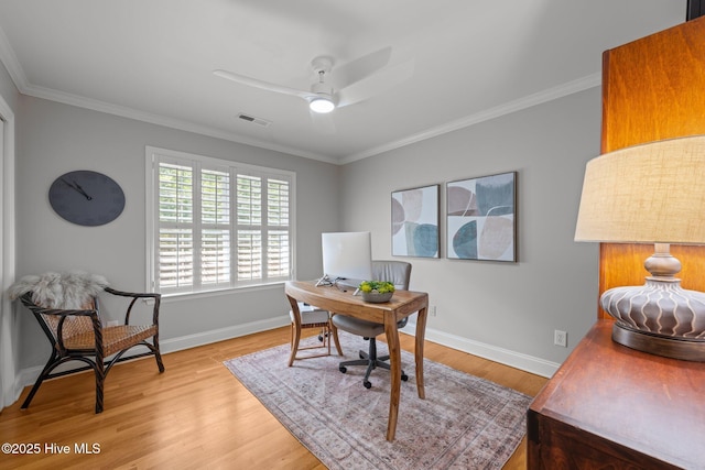 118 Tremayne Dr, New Bern, NC 28560 - office with ceiling fan, light wood-type flooring, and ornamental molding
