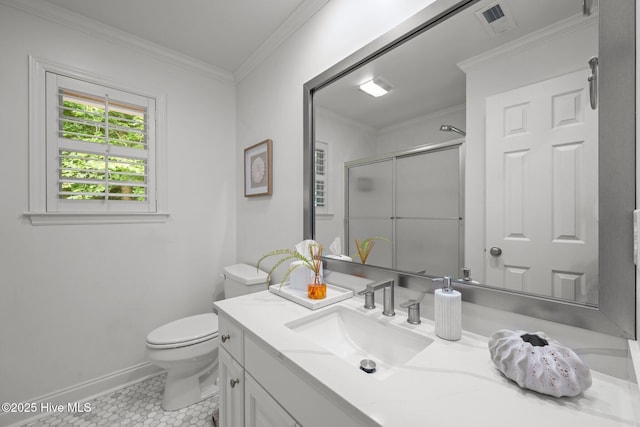 118 Tremayne Dr, New Bern, NC 28560 - full bath with vanity, a shower stall, tile patterned floors, and ornamental molding