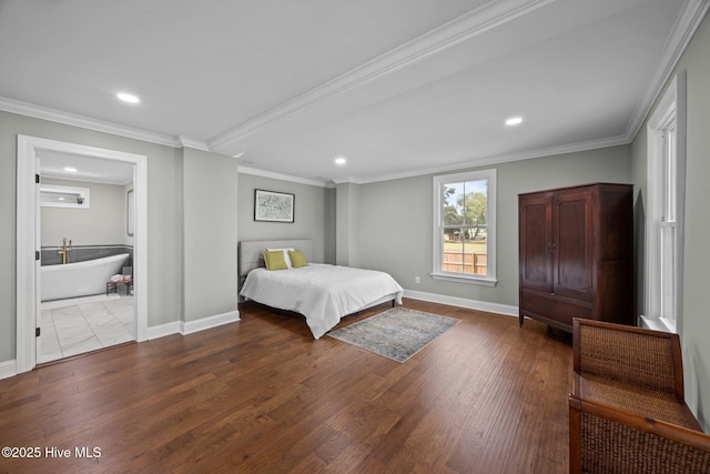 902 College St, Vanceboro, NC 28586 - bedroom with recessed lighting, crown molding, dark wood-type flooring, and ensuite bath