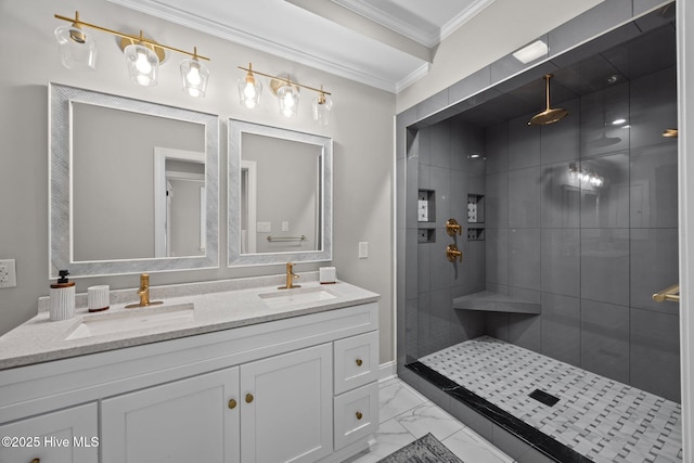 902 College St, Vanceboro, NC 28586 - bathroom featuring crown molding, marble look tiles, double vanity, and a tile shower