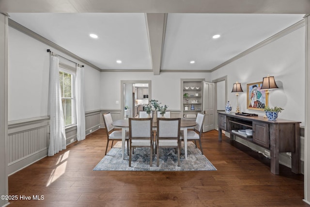 902 College St, Vanceboro, NC 28586 - dining room featuring ornamental molding, dark wood-style flooring, recessed lighting, beamed ceiling, and a wainscoted wall