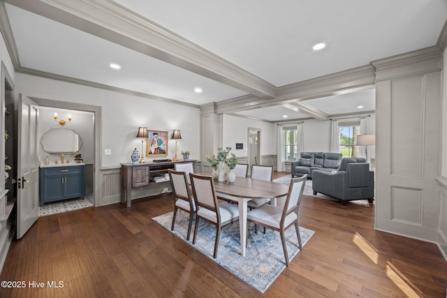 902 College St, Vanceboro, NC 28586 - dining room with crown molding, dark wood-style floors, a wainscoted wall, a decorative wall, and recessed lighting