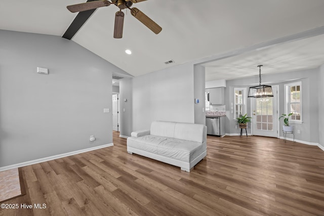 1134 Tebo Rd, New Bern, NC 28562 - unfurnished room with ceiling fan, wood finished floors, vaulted ceiling, a chandelier, and recessed lighting