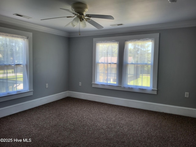 550 E Pungo St, Belhaven, NC 27810 - unfurnished room featuring plenty of natural light, dark colored carpet, ceiling fan, and ornamental molding