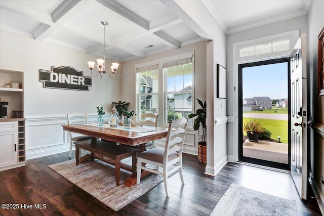 108 Bernier Ct, Princeton, NC 27569 - dining space with a chandelier, beam ceiling, dark wood finished floors, coffered ceiling, and crown molding