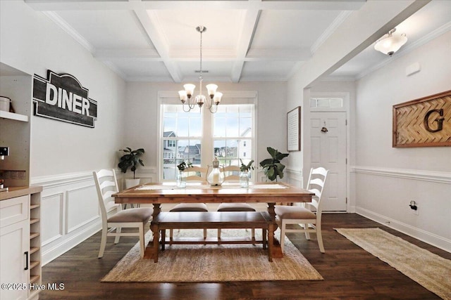 108 Bernier Ct, Princeton, NC 27569 - dining area featuring dark wood finished floors, beamed ceiling, a chandelier, coffered ceiling, and wainscoting