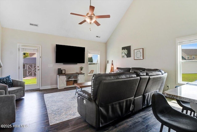 108 Bernier Ct, Princeton, NC 27569 - living room with ceiling fan, plenty of natural light, dark wood-style floors, and high vaulted ceiling