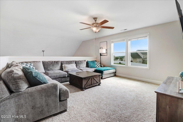 108 Bernier Ct, Princeton, NC 27569 - living room featuring a ceiling fan, carpet flooring, and lofted ceiling