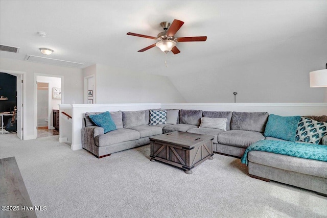 108 Bernier Ct, Princeton, NC 27569 - carpeted living room featuring ceiling fan, attic access, and vaulted ceiling