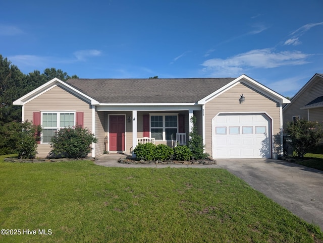 224 Red Carnation Dr, Holly Ridge, NC 28445 - single story home featuring asphalt driveway, an attached garage, a front yard, and a porch