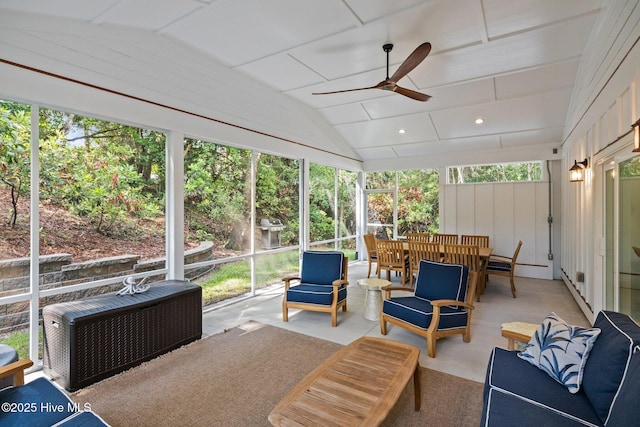 8805 Sound View Ct, Emerald Isle, NC 28594 - sunroom / solarium featuring a ceiling fan, outdoor dining area, outdoor lounge area, and vaulted ceiling